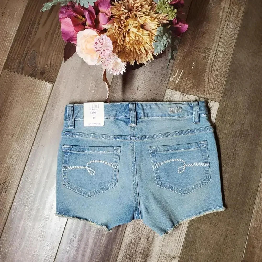 NWT Justice Girls Raw Hem Distressed Denim Shorts Size 10 Light Wash